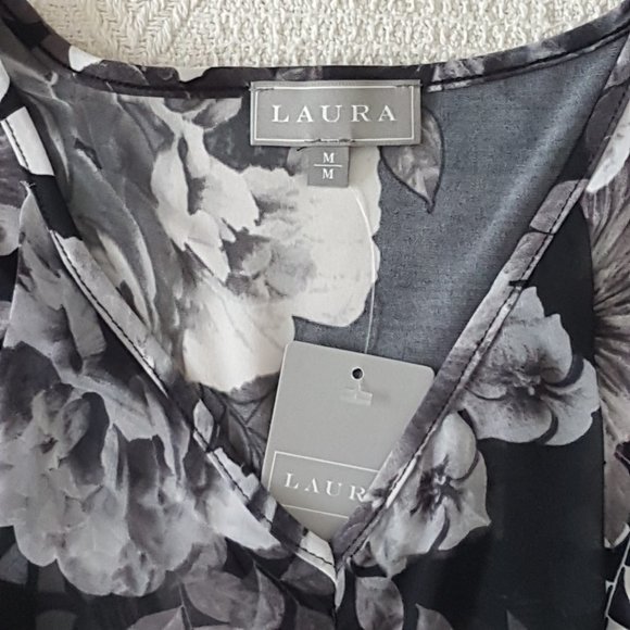 LAURA Blouse Tunic Tank Tee Shirt Medium US M Sleeveless V-Neck Floral Black - Picture 4 of 10